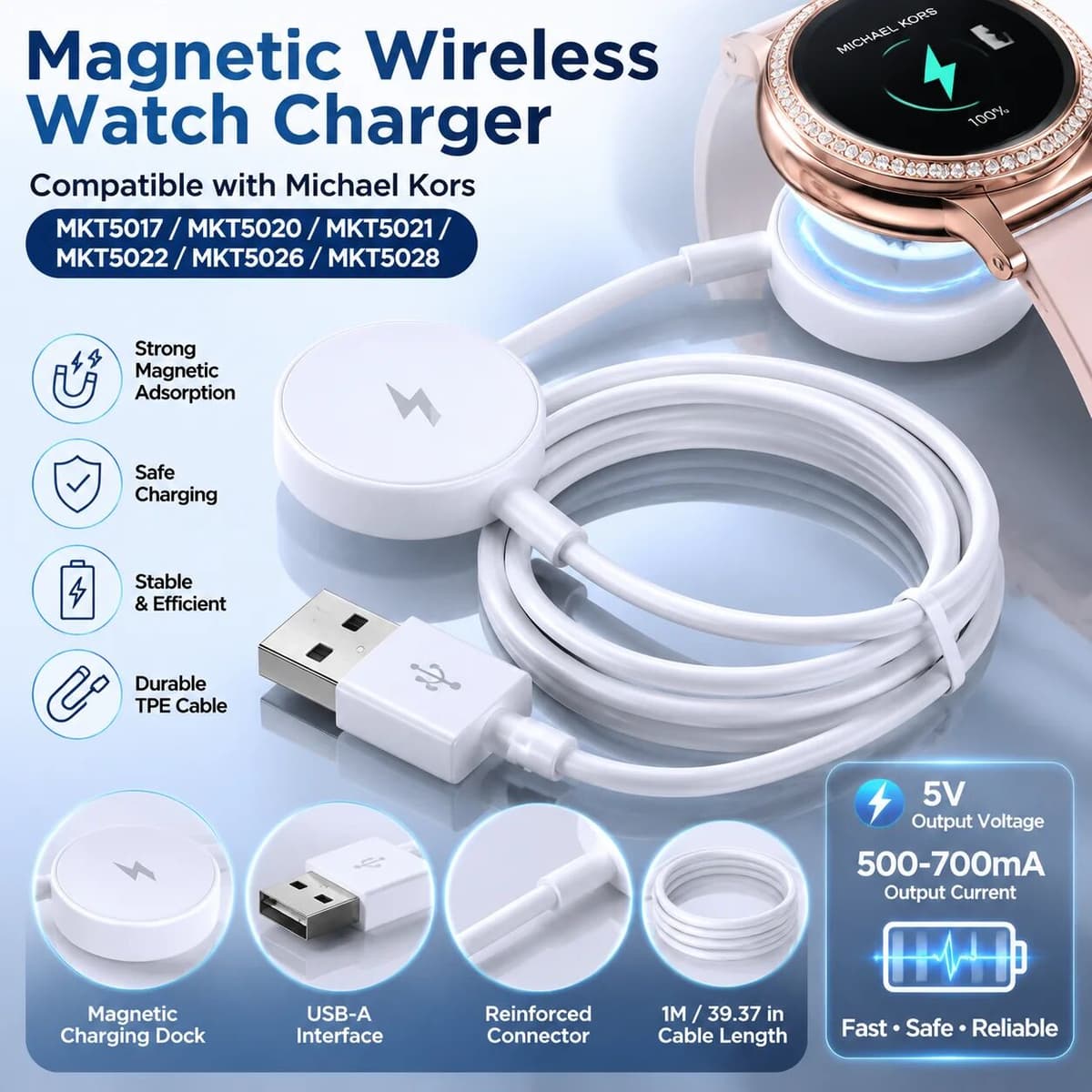 LISCN 1M USB Magnetic Fast Charge Charger Dock For Michael Kors MKT5017 MKT5020 MKT5021 MKT5022 MKT5026 MKT5028 Watch Charging Cable