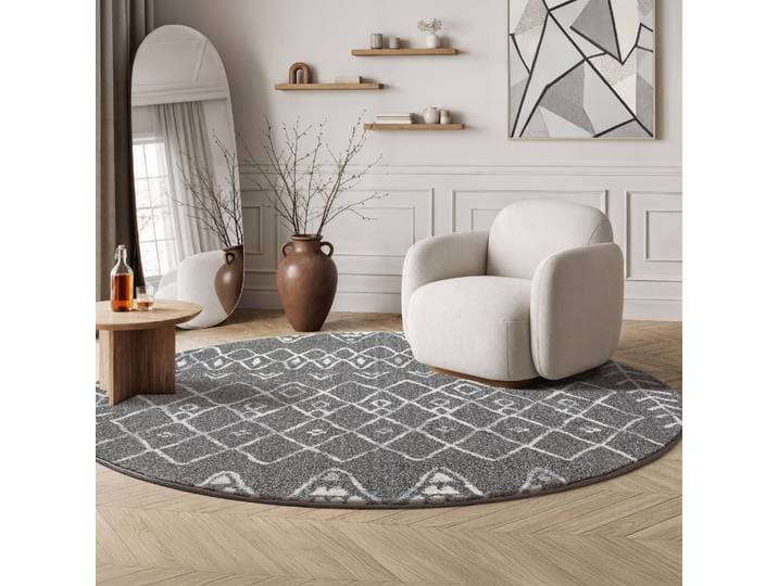 Teppich SANAT Boho 8200 , auch als Läufer und in Rund , dunkelgrau, H:10mm Ø:150cm, Kunstfaser, Teppiche, Teppich, Kurzflor, robust, Boho, Scandic, für Fussbodenheizung geeignet