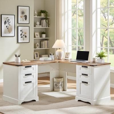 afulyperfllc "60"" Farmhouse L Shaped Executive Desk, Wood Corner Desk, Computer Desk"