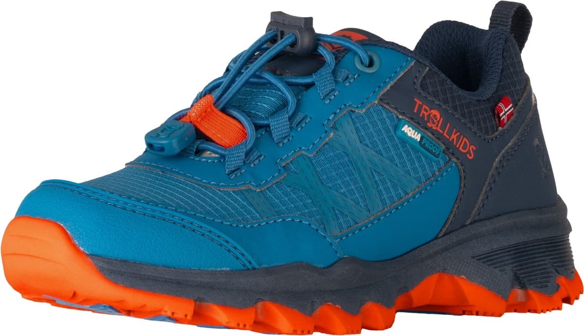 Outdoorschuh TROLLKIDS "Kids Trolltunga Hiker Low XT", Kinder, Gr. 33, blau (atlantic blau, glow orange, schwarz navy), Synthetik, Schuhe Outdoorschuh, wasserdicht atlantic blau, glow orange, schwarz navy 33