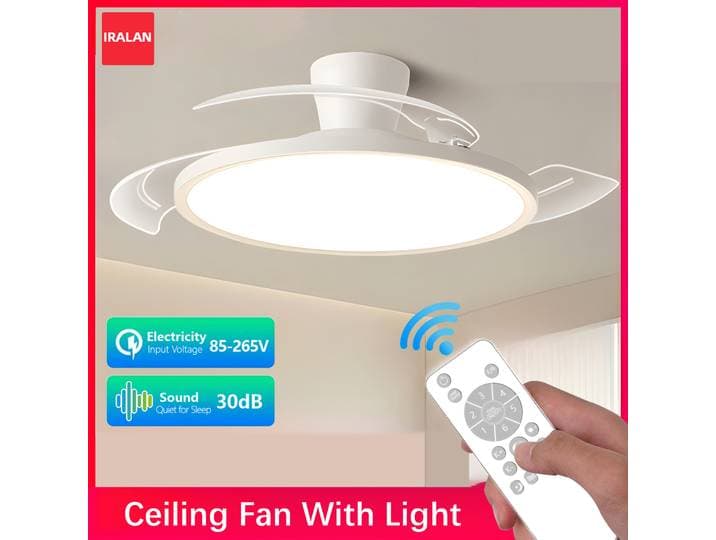 Ventilateur de plafond moderne et discret IRALAN, avec éclairage LED, moteur à courant continu, grand débit d’air et télécommande, idéal pour les chambres et les salles à manger.