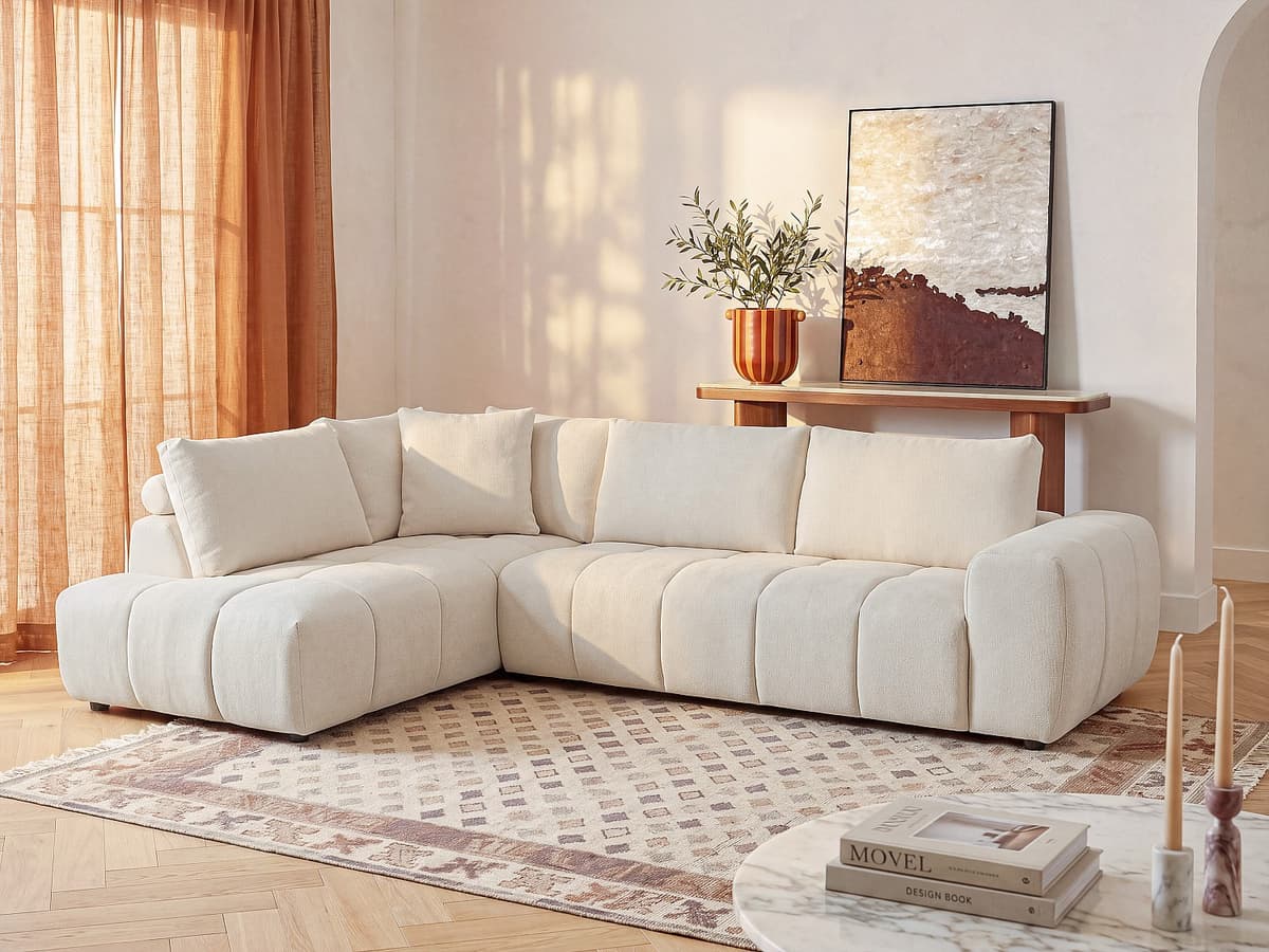 Vente-unique Ecksofa links mit Chenille-Stoff in Beige CLENALI 25706144