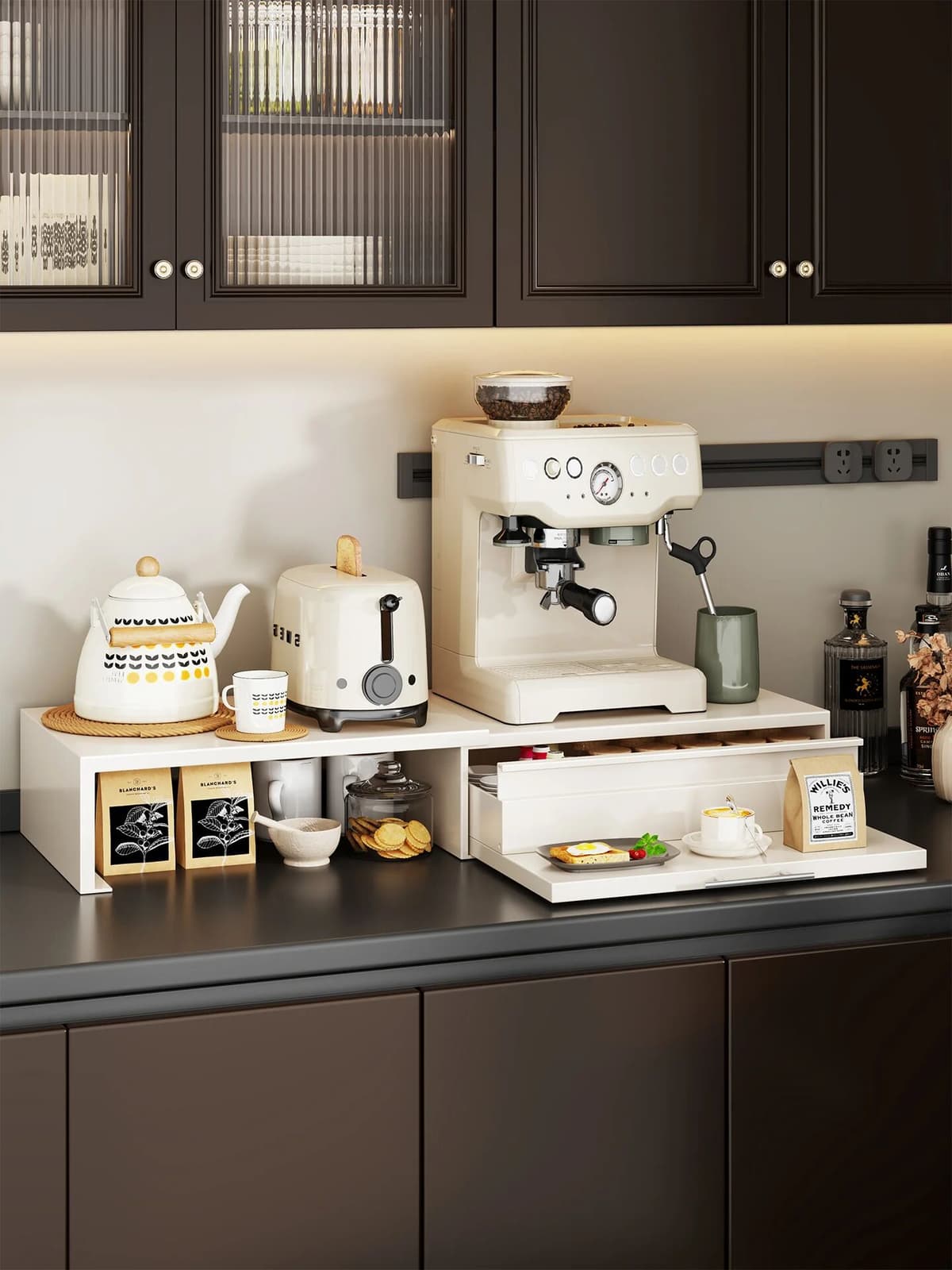others Thickened Coffee Machine Organizer Rack Kitchen Counter Top Coffee Utensils Storage Shelf Pull out Cabinet Nordic Style
