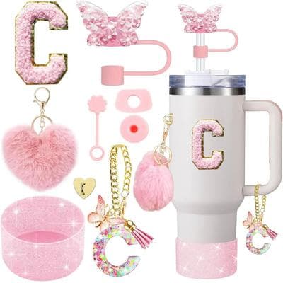 Inspire Select 9pcs Stanley Cup Accessories Set Silicone Boot, Butterfly Straw Cover, Spill Proof Stopper & Initial Charm Kit c Heart Pink 9pcs