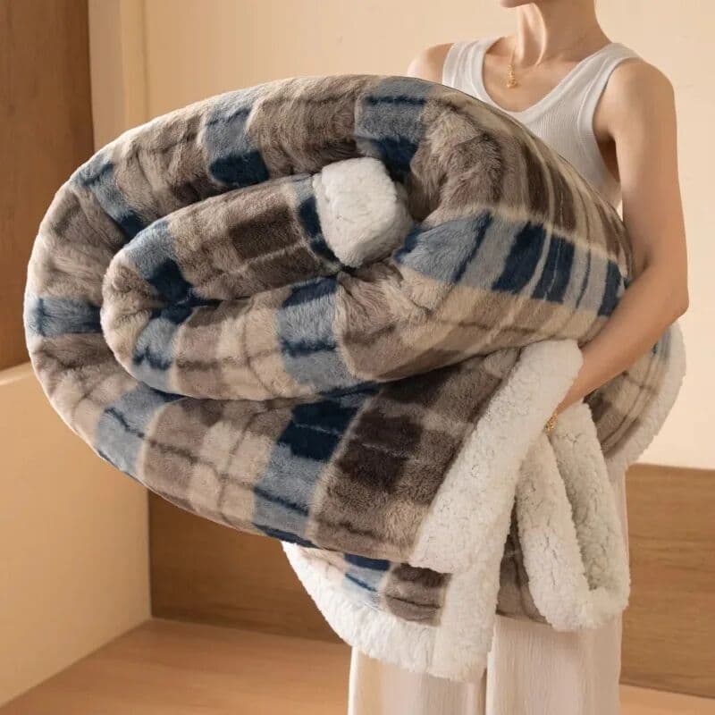 NONE Thickened Double Layer Plaid Plush Blanket Faux Cashmere Autumn Winter Warm Bed Blanket Soft Cozy Sherpa Fleece Throw for Sofa