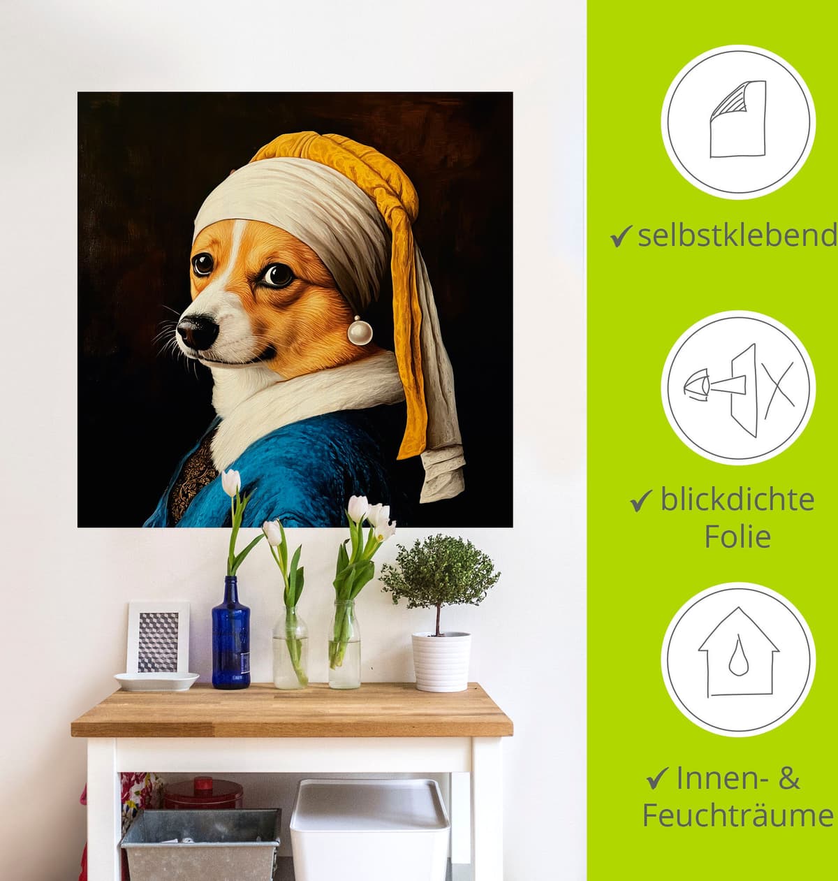 Wandbild ARTLAND "Der Corgi mit dem Perlenohrring", bunt (farbe bild(er): schwarz), B:50cm H:50cm, Bilder, Wandbild, als Alubild, Leinwandbild, Poster, Wandaufkleber in verschied. Grössen farbe bild(er): schwarz B/H/T: 50cm x 50cm, Wandaufkleber - Vinyl A