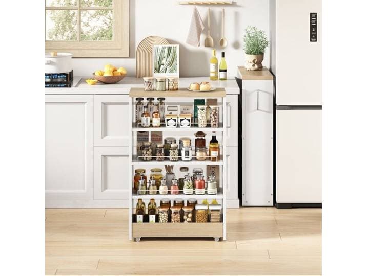 Étagère Étroite sur Roulettes 12 cm avec 4 Étagères Réglables - TCQPZ - en MDF Blanc Aspect Bois 55 × 12 × 85 cm