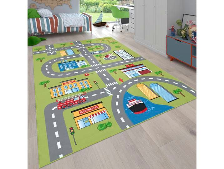 Kinderteppich PACO HOME Bino 570 , grün, B:100cm H:4mm L:200cm, Polyester, Teppiche, Kinderteppich, Kurzflor, Straßen-Spiel-Teppich, Kinderzimmer
