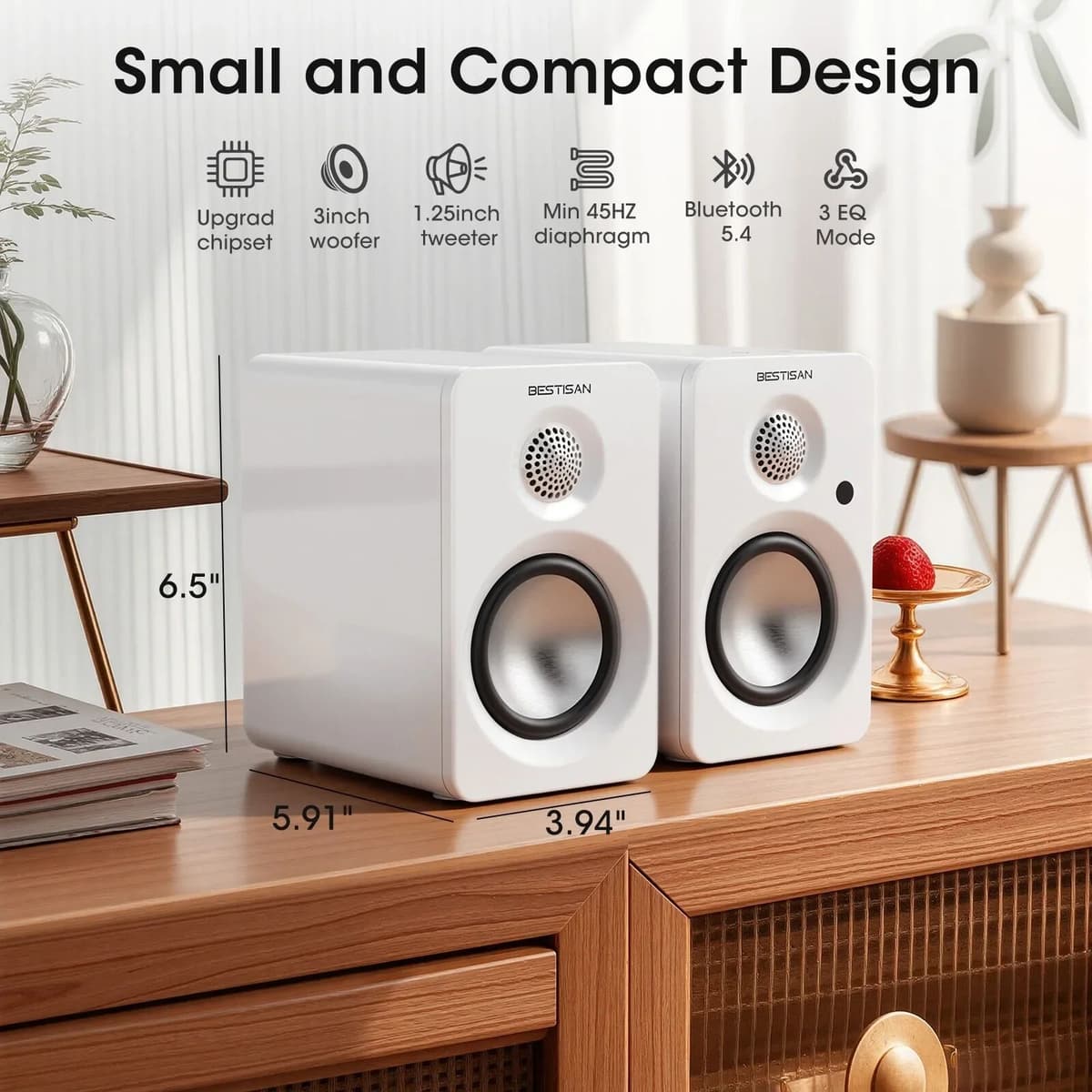 SwYiSm 2.0-Ch 60W Bass Hi-Fi Stereo Active Bookshelf Bluetooth Speakers with AUX/Type-C/ARC/Sub Out, for Movies,Music & Desktop Gaming