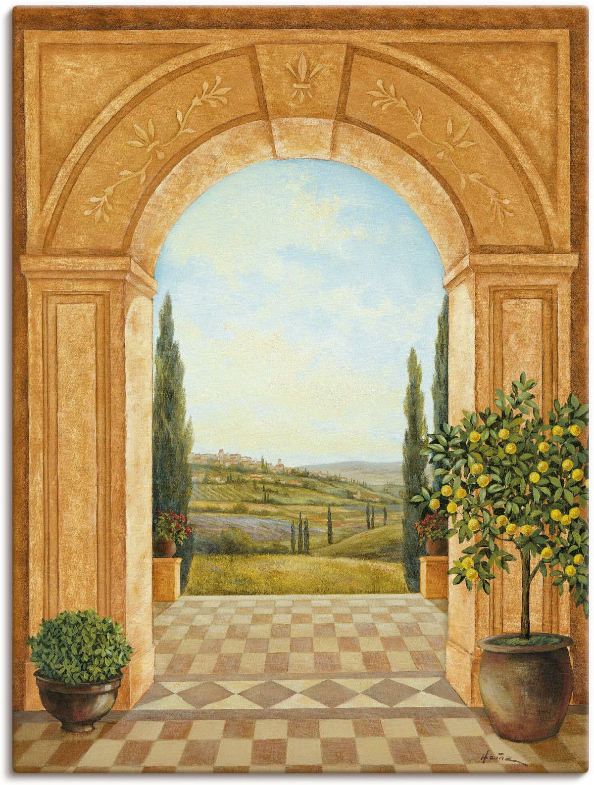 Leinwandbild ARTLAND "Ausblick mit Zitronenbaum", braun (farbe bild(er): braun), B:60cm H:80cm, Bilder, Leinwandbild, als Leinwandbild, Wandaufkleber in verschied. Grössen farbe bild(er): braun B/H/T: 60cm x 80cm, Leinwandbild Fensterblick Hochformat, 1 S