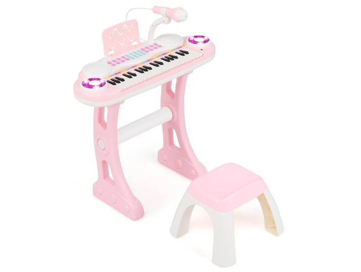 Pianotoetsenbord met 37 Toetsen Elektrisch Kinderkeyboard Opname en Weergave Pianospeelgoed met Microfoon Standaard en Kruk-Roze