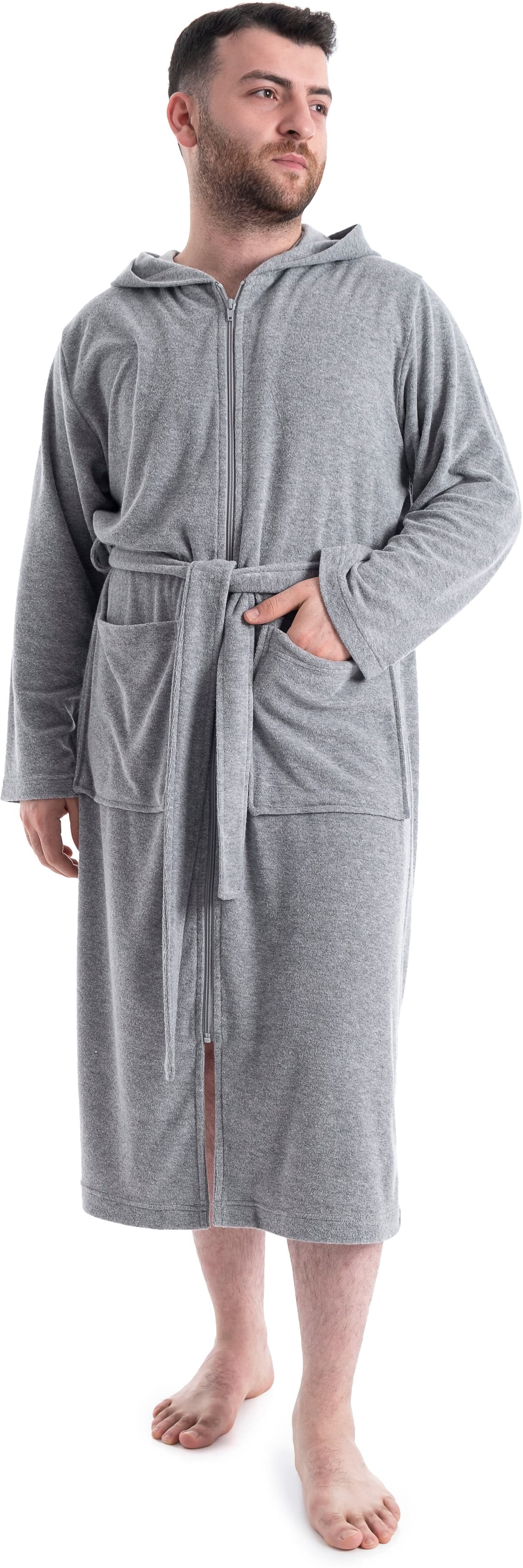 Herrenbademantel GOODPRODUCT "Nela, ideal für Sauna & Spa, Hotelbademantel, Morgenmantel" Gr. XL, grau, L:125cm, Leichtfrottee, Hausmäntel, Herrenbademantel, einfarbig, S-4XL, mit Reissverschluss grau XL L: 125cm, N-Gr
