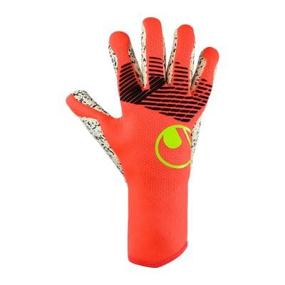Torwarthandschuhe UHLSPORT "Torwarthandschuhe FM ZNE Supergrip+ FS", Herren, Gr. 8,5, rot (fluo rot, weiß, fluo gelb), Obermaterial: 81% Gummi rubber. 13% Polyester PES. 6% Nylon NY., Handschuhe