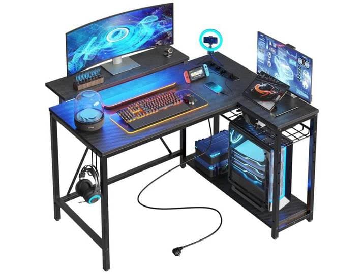 Bureau D'Angle Gaming En L 106 5Cm Avec Éclairage Led Rgb Et Prises–Réversible Avec Étagères Design Gamer Pour Bureau À Domi[CA32]