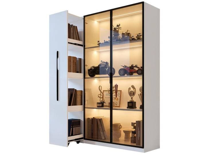 Modenvie Vitrine 110,5/35/160 cm aus MDF mit LED-Vitrine und Seitenauszug Weiß, 110.5x160x35 cm, Esszimmer, Vitrinen, Vitrinenschränke