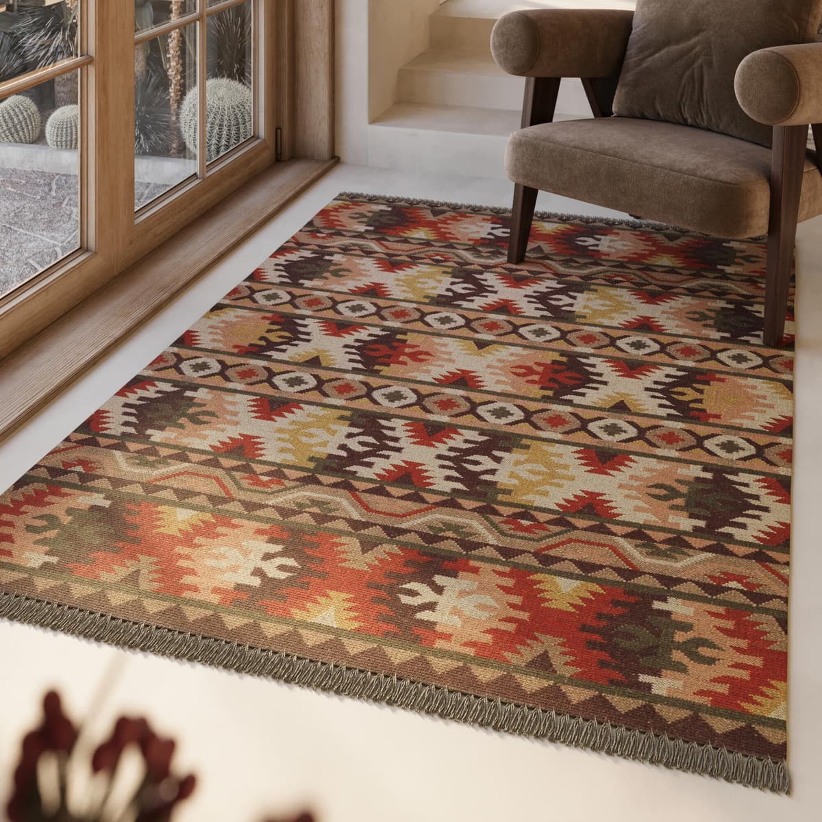 Wollteppich GREEN LOOOP "Balou", braun (rost braun), B:80cm H:5mm L:150cm, Wolle, Teppiche, Wollteppich, Fransen, Kelim, handgewebt, Natur, Wohnzimmer, Schlafzimmer, Ethno rost braun B : 80cm 1 Stk., 5mm, L: 150cm