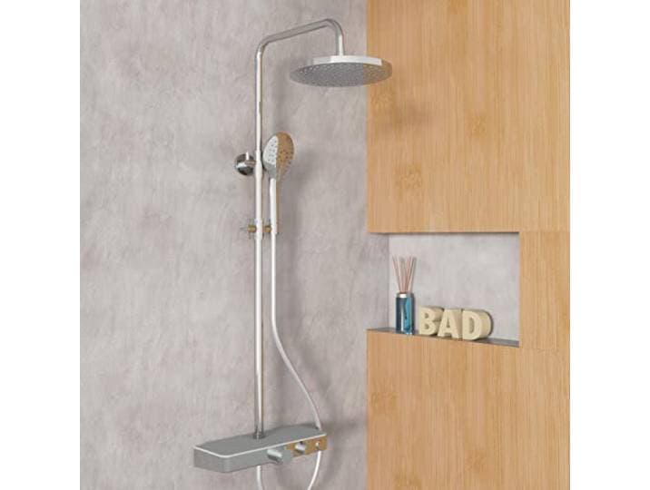 EISL DX1105CST FUTURA Wellness-douchesysteem met thermostaat, glazen plank, douchepaneel met kraan, complete douchematuurset (regendouche met wandhouder, douchezuil, douchearmatuur) grijs chroom