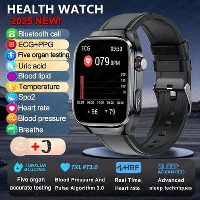 Uplifted Finds 2025 ECG PPG Smart Watch With Heart Rate Blood Pressure Lipids Uric Acid Monitoring And Bluetooth Call black Leather