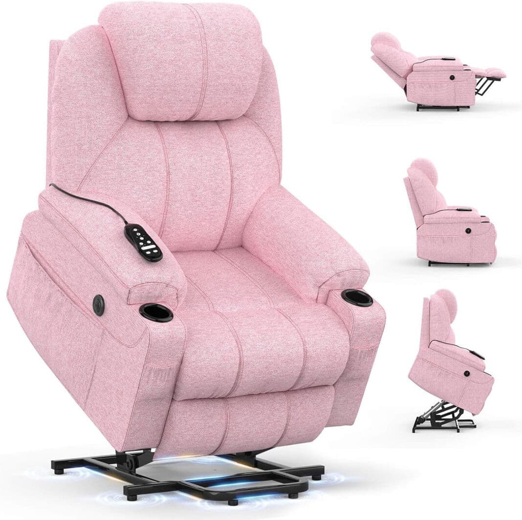 17 Stories 90 cm Wide Linen Lift Assist Home Theatre Recliner with Massager and Heated Cushion Blue Grey 135.1cm H X 90cm W X 76.7cm D