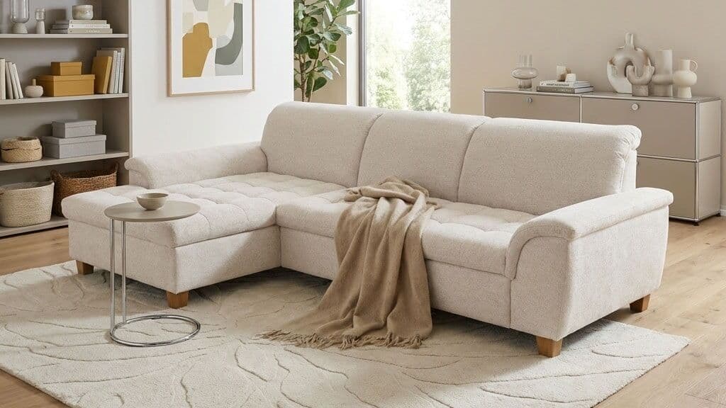Ecksofa OTTO HOME "Eggery 279 x 170 cm, auch mit Schlaffunktion & Bettkasten, Holzfüße", beige (creme), B:279cm H:81cm T:170cm, 100% Polyester, Sofas, Ecksofa, Kopfteile verstellbar, L-Form, aus pflegeleichtem Luxus-Microfaser