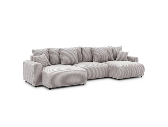 S-Style Wohnlandschaft Calma mit Schlaffunktion und Bettkasten im Bumpy-Design aus weichem Hellgrau Plüschcord, Echtholz, Teilmassiv,Birke, Buche, Füllung: Polyetherschaumkern,Polyetherschaumkern,Polyetherschaumkern, 336x88x140 cm, Wohnzimmer, Sofas & Couches, Wohnlandschaften, Wohnlandschaften in U-Form