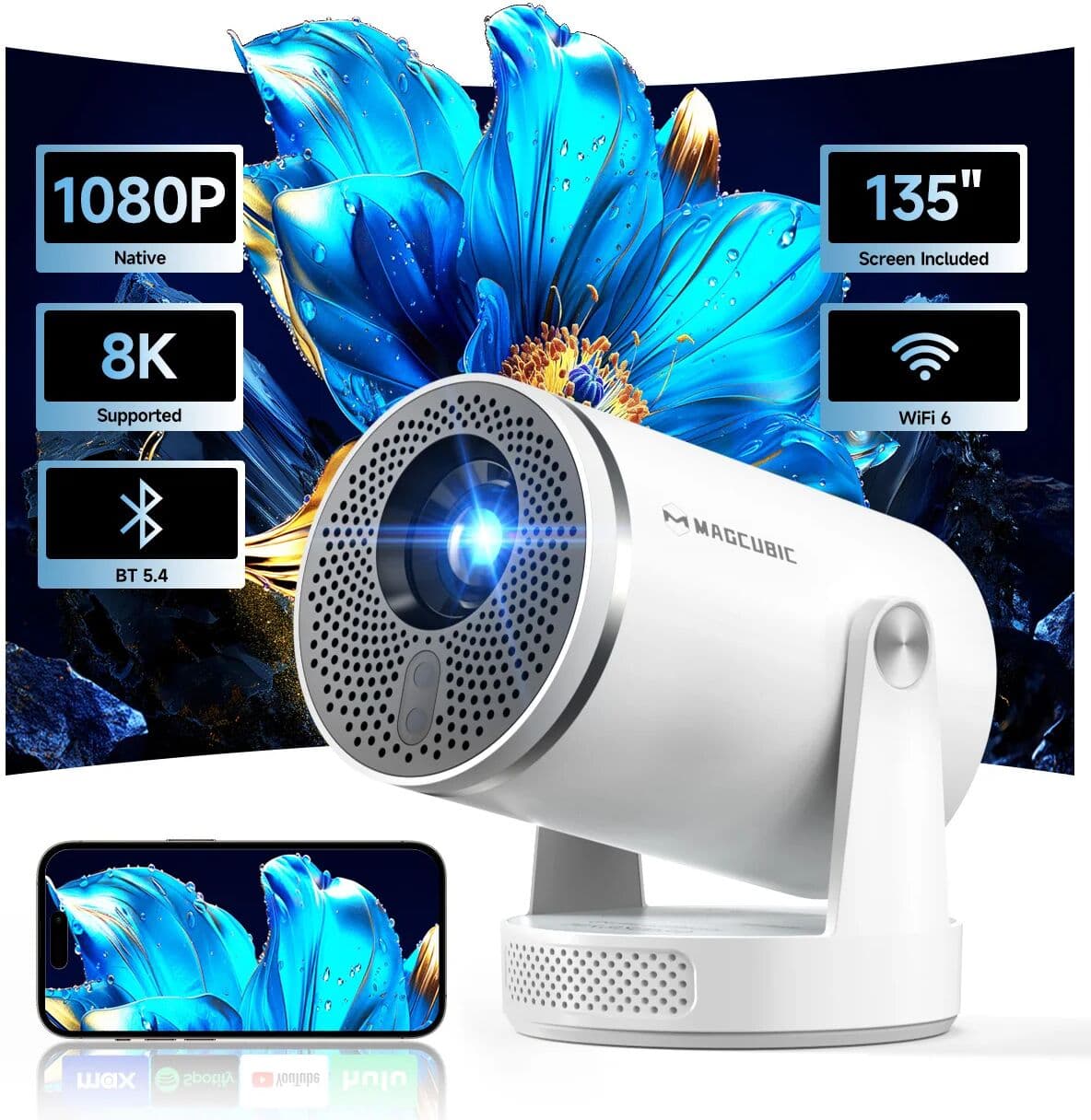 Magcubic HY320Pro Home Cinema Projector, 400ANSI Native 1080P Full HD Auto Focus, Voice Control Android 14 8K Portable, HY300 Pro Upgrade