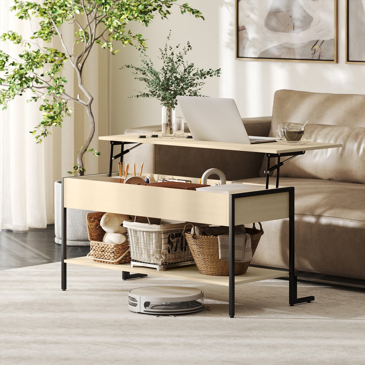 Homcom Tavolino con piano sollevabile, tavolino da soggiorno con vano nascosto e scaffale aperto, 95x40x59cm, legno naturale   Aosom Italy