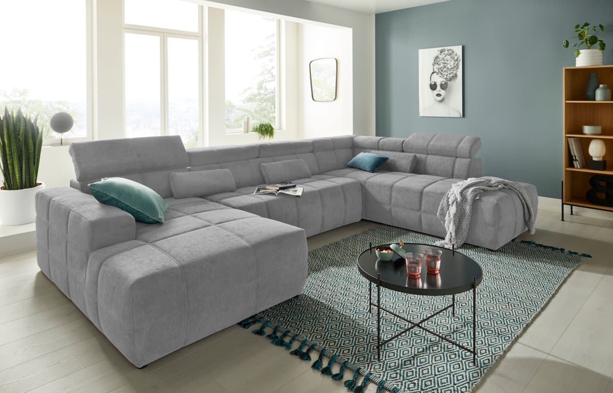 Wohnlandschaft DOMO COLLECTION "BRANDON whlw. mit Sitztiefenverstellung, Kopfteilverstellung", grau (hellgrau), B:359cm H:80cm T:228cm, Kunstleder SOFTLUX;Luxus-Microfaser in Antikleder-Optik (100% Polyester);Luxus-Microfaser (100% Polyester), Sofas, Wohn
