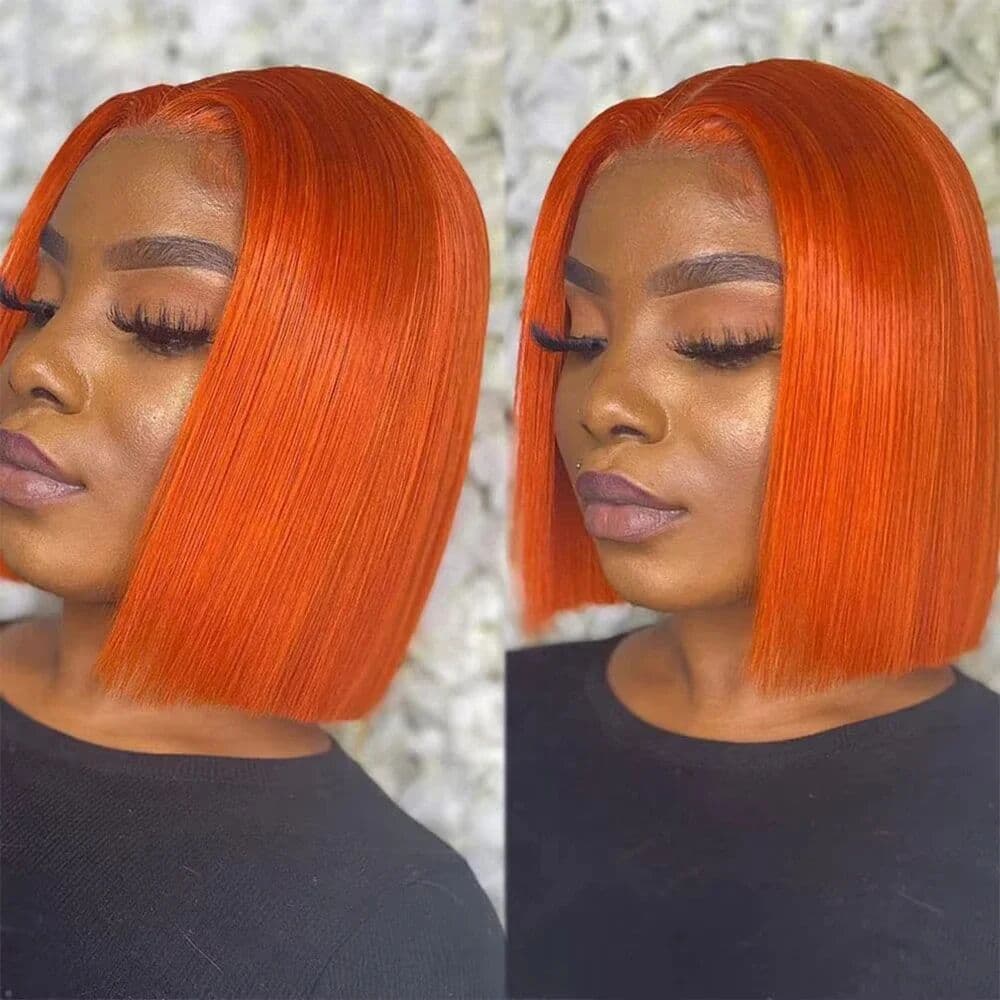 Luxexuan Ginger Orange Bob Wig Human Hair Straight 13x4 Short Bob Transparent Lace Frontal Wigs 200 Density Brazilian Hair Short Bob Wigs