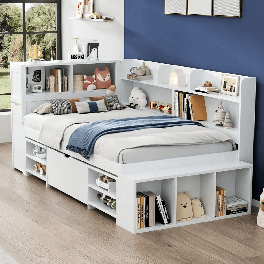 Merax Bed 90 x 200 cm met opbergvakken, boekenkast en 1 lade - Multiplex - Wit (zonder matras)