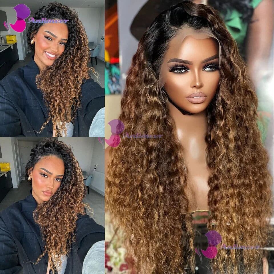 Anlimeer #4T27 Transparent Silk Top Lace Frontal Curly Human Hair Wigs Highlights Honey Blonde Pre Plucked 4x4 Lace Closure Wig For Women