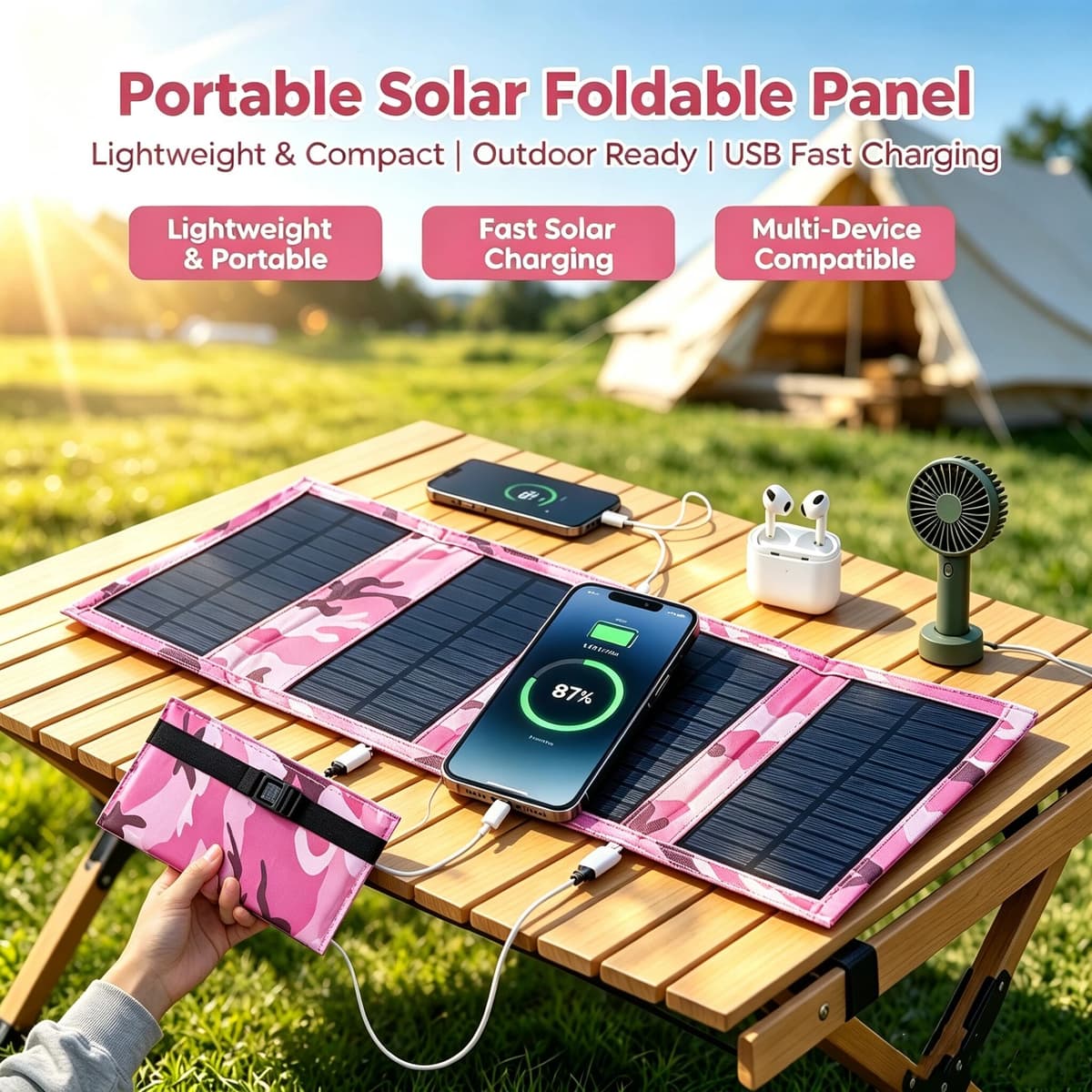 LS 100W Solar Panel Portable Folding Pink Charger Inverters USB DC Output Outdoor Power HybridGenerator for Camping RV