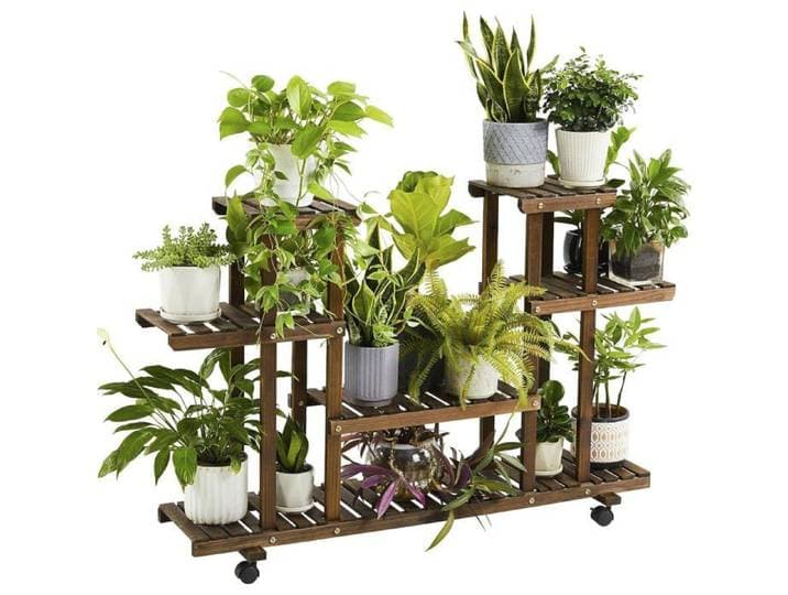Étagère À Fleurs En Bois Porte Pots De Plante Fleurs Avec 6 Tablettes Support À Roulettes Pour Intérieur Et Balcon 124x33x80 Cm