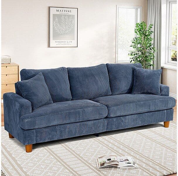 DripeX 3-zits Bank van Ribcord, met 2 Kussens, 53cm extra diepe zitplaatsen, 220x76x84cm, Blauw