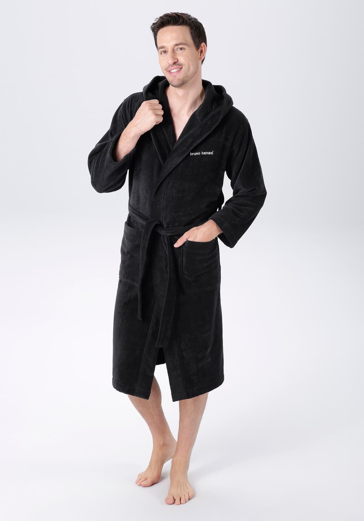 Unisex-Bademantel BRUNO BANANI "Daniel, ideal für Sauna & Spa, Hotelbademantel, Morgenmantel" Gr. M, grau (anthrazit), M, N-Gr, Veloursfrottier, Hausmäntel, Unisex-Bademantel, Damen & Herren Bademantel, lang, mit Taschen, S-5XL