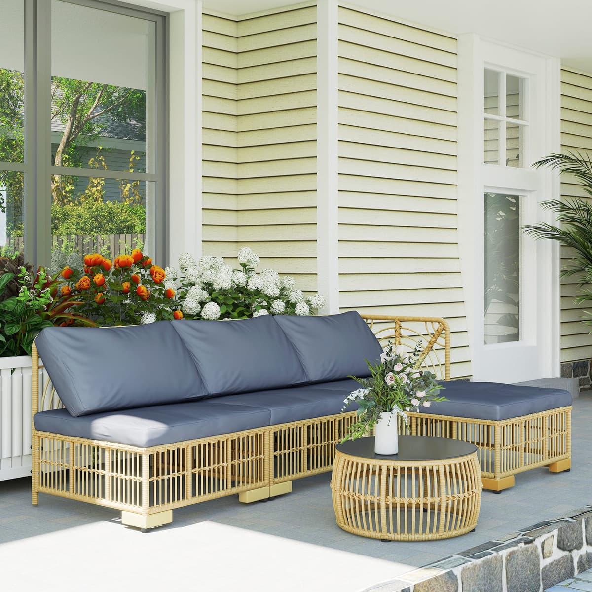 Altro Set Salotto In Rattan Da Giardino Con Divano Modulabile, Cuscini E Tavolino Da Caffè, Grigio