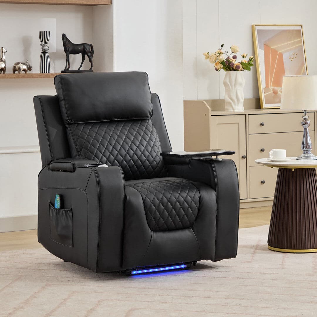 Mercury Byron 86cm Wide Faux Leather Lift Assist Standard Recliner with Massager Black 108cm H X 86cm W X 92cm D
