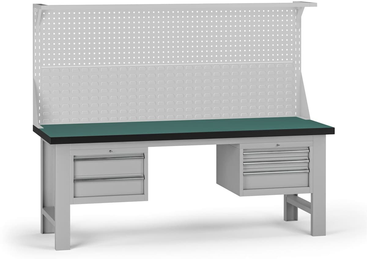 B2B Partner Stół warsztatowy G8 z panelem, 2100 x 750 x 800 mm, 2x kontener, 5x szuflada, szary