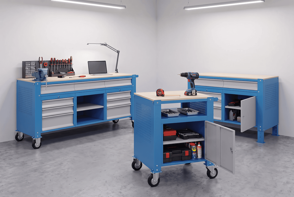 B2B Partner Mobilny stół warsztatowy G9, 2 półki, 1 szafka, 1180 x 595 x 865-1130 mm, szary/niebieski