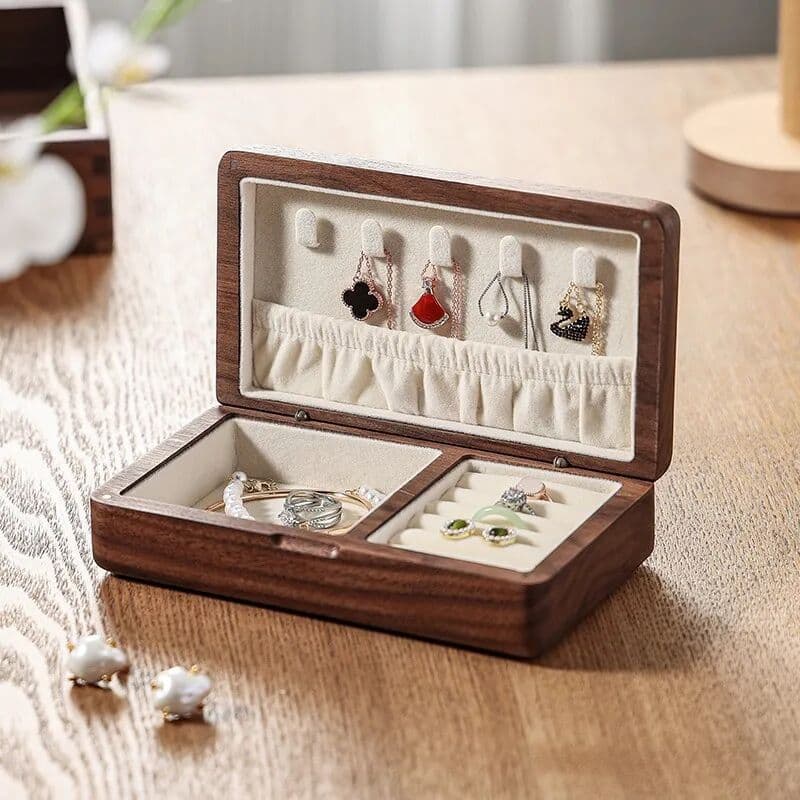 NONE Portable Flannelette Jewelry Storage Box High-end Luxurious Black Walnut Vintage Necklace Earrings Portable Travel Pure Wood NEW