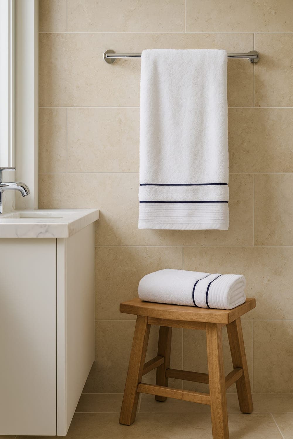 Morfeo Serviette coton blanche liseré bleu marine - 50x100 cm Bleu 100x50x1cm