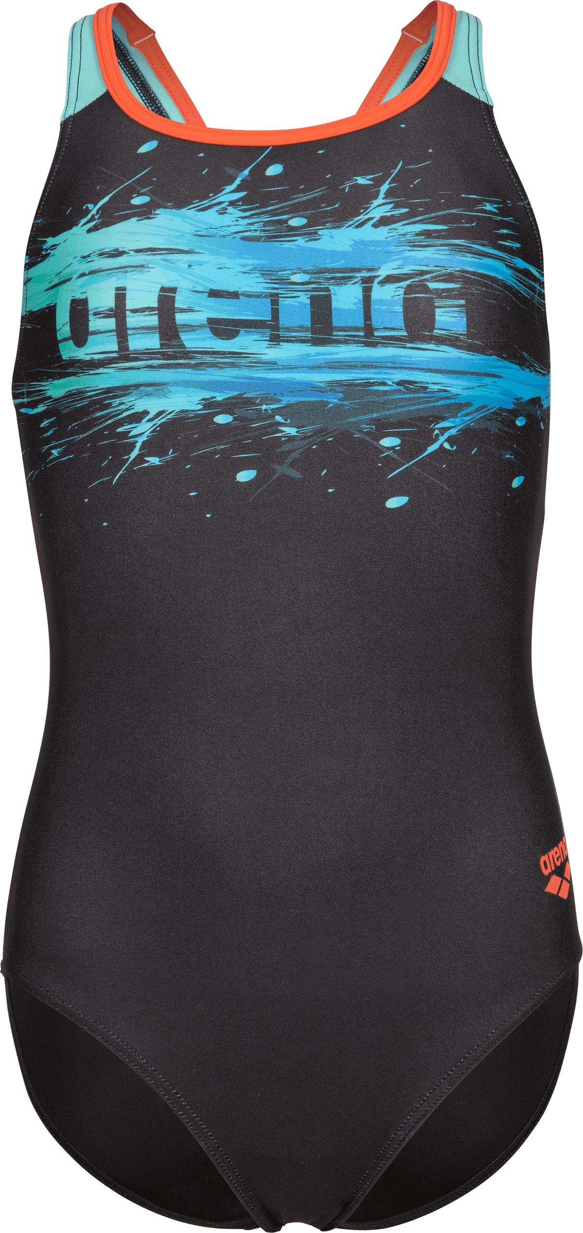 Badeanzug ARENA "G ARENA PAINT SWIMSUIT SWIM PRO BACK", Mädchen, Gr. 140, N-Gr, schwarz (schwarz, water, calypso coral), Obermaterial: 80% Polyamid, 20% Elasthan, Badeanzüge Badeanzug, mit integriertem UV-Schutz UPF50+, aus Polyamid und Elasthan schwarz, 