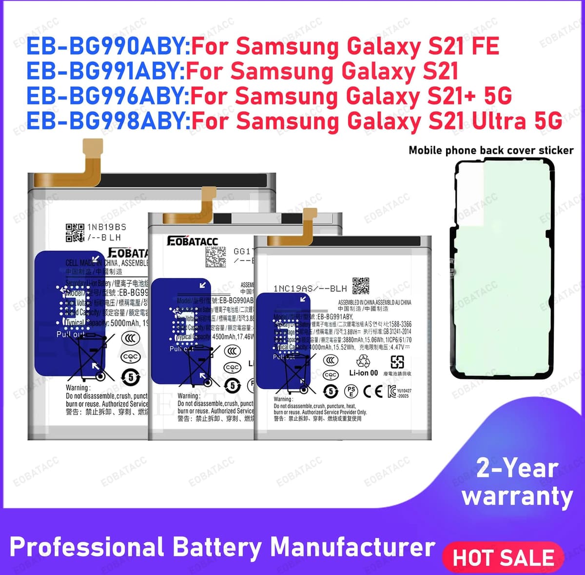 EOBATACC 2026 Years Replacement Battery EB-BG990ABY EB-BG998ABY EB-BG996ABY EB-BG991ABY For Samsung Galaxy S21 S21 Ultra S21Plus S21 FE5G