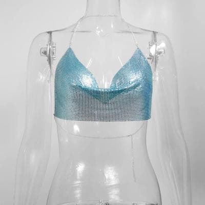 Inspire Select Metallic Halter Corset Crop Top Sexy Glitter Backless Party Tank For Women sky Blue one Size
