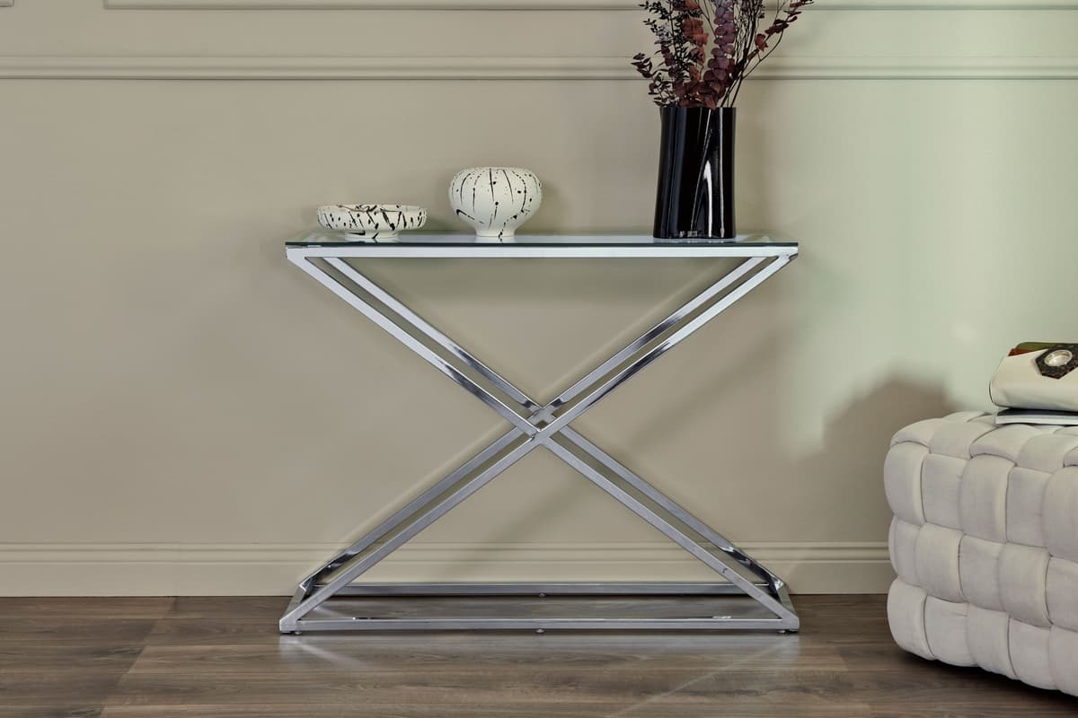 Konsolentisch JAHNKE "XTRA CONSOLE", silber (klarglas, chrom, chromfarben, klarglas), B:100cm H:76cm T:30cm, Tische, Konsolentisch, Konsole/Beistelltisch in Gold-Look, aus Sicherheitsglas gefertigt klarglas, chrom, chromfarben, klarglas B/H/T: 100cm x 76c