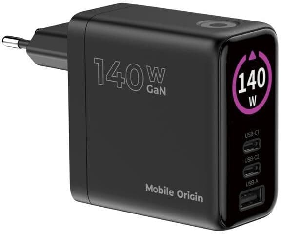 Display Vegglader Mobile Origin GaN 140 W med 2x USB-C + 1x USB-A - Svart