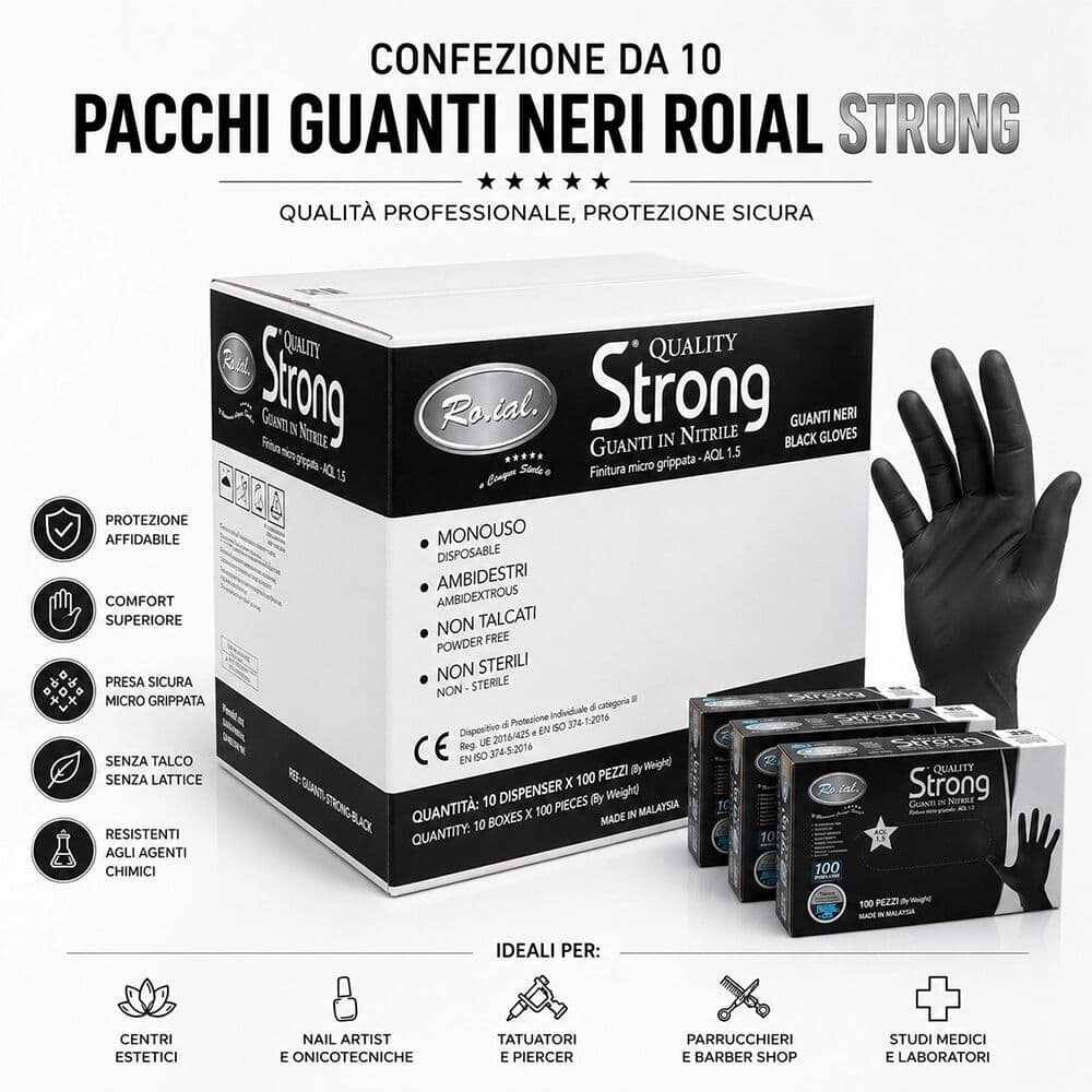 Roial Guanti Monouso in Nitrile Nero Non Talcati 5 Stelle Black – Scatola da 1000 Guanti L 1 scatola da 100 pezzi