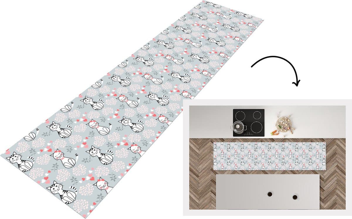 KitchenYeah Keukenloper Vinyl met Kat en Hart Patroon B: 60 cm, L: 240 cm