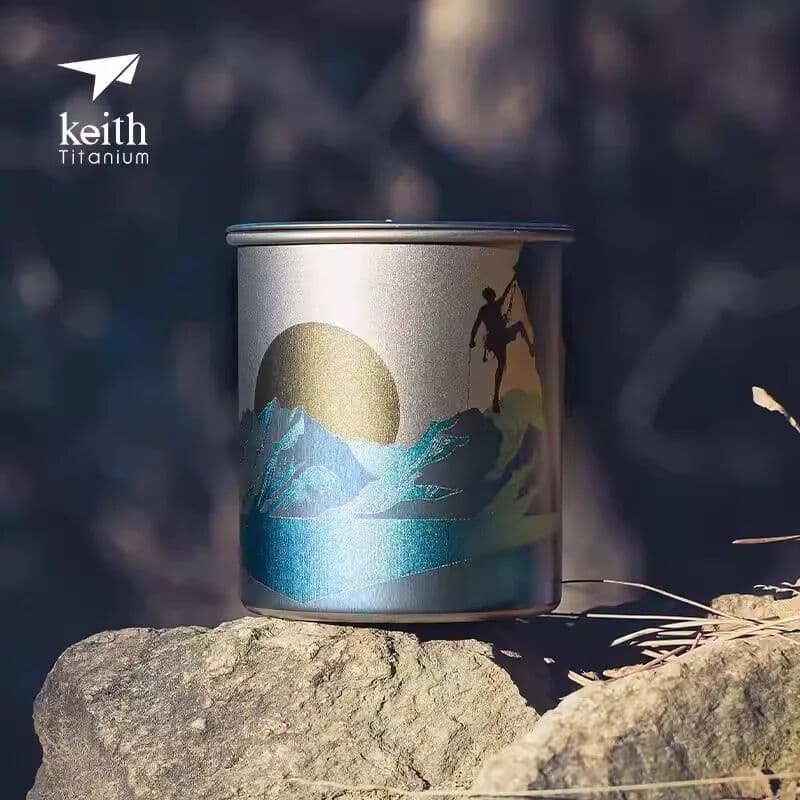 Keith  Lightweight Portable Climbing Camping Titanium Bottle Oxidation Carving Technology Pure Titanium Folding Titanium Cup