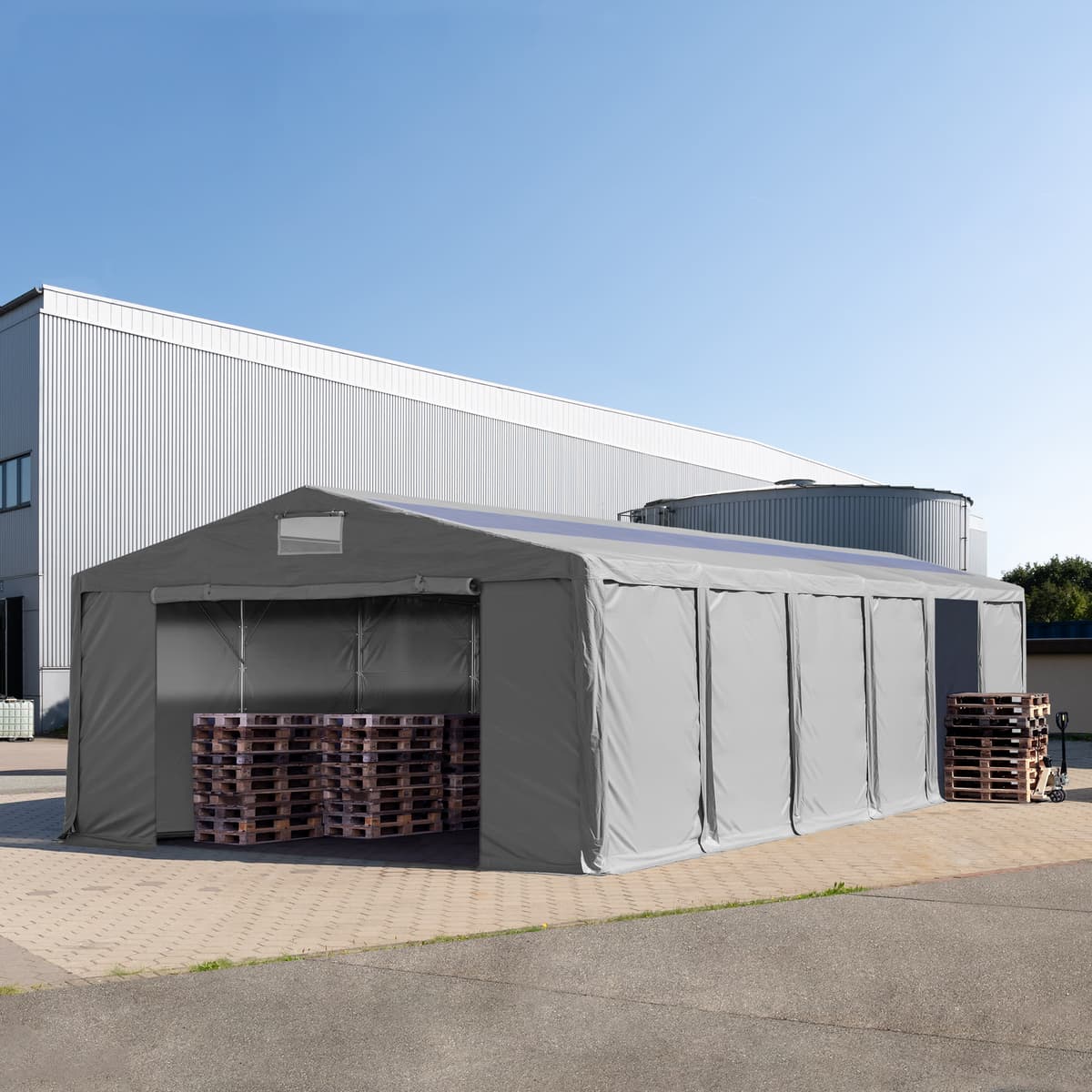TOOLPORT Ipari sátor, 8x12m, PVC ponyva, szürke, padlókerettel, statikai megerősítéssel (föld alap) - (93821)